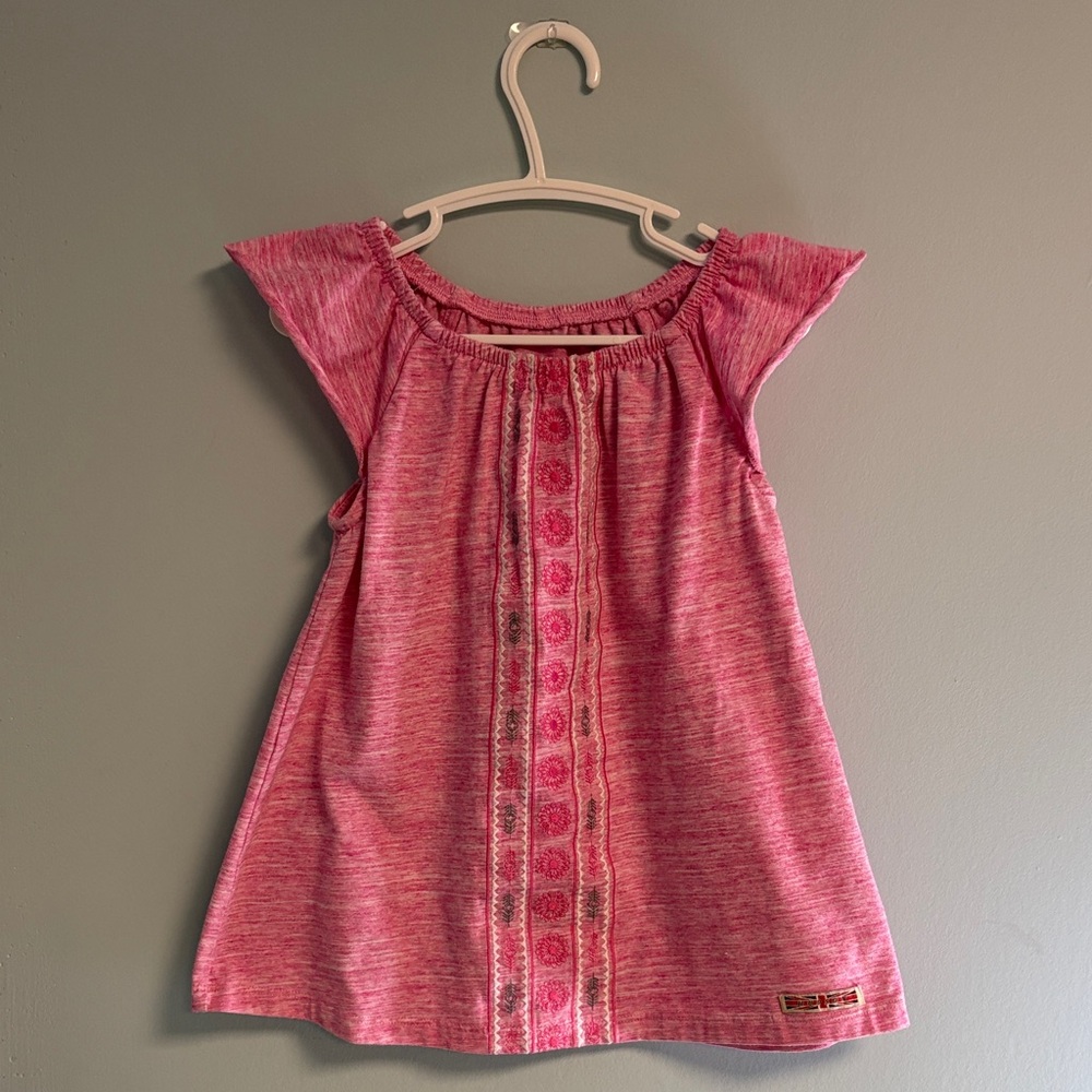 Hudson Pink White Cap Sleeve Shirt with Pink & Grey Feather Pattern, Girl Size 6